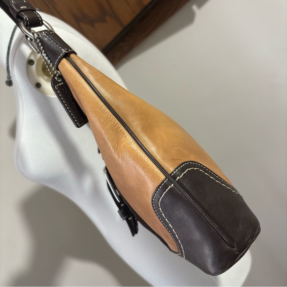 Y2K Vintage Rare Brown Hobo Shoulder Purse C Logo Two Tone Leather Canvas Bag - Picture 4 of 16